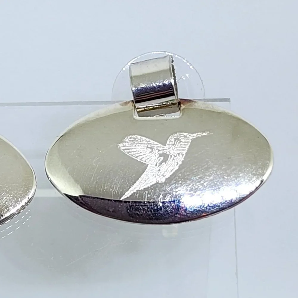 Vintage BEST Etched Hummingbird Silver Oval Pierced Earrings NOC NOS